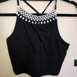 Black with white fringe crop top
